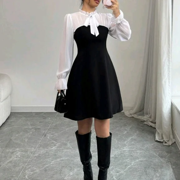 Fashion Slimming Waist A-Line Umbrella Black And White Dress, Elegant Patchwork - Picture 4 of 4